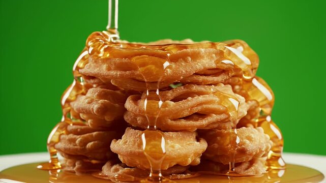 Delicious Chak Chak Pastry Stack Drizzled With Golden Honey Against A Vibrant Green Screen Background In A Studio Setting