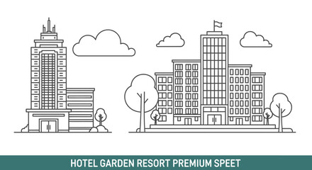 Fototapeta premium Modern City Skyline with Buildings, Clouds and Trees - Line Art Icon