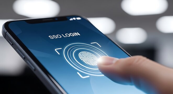 Fingerprint Scan for Secure SSO Login on Smartphone Screen.
