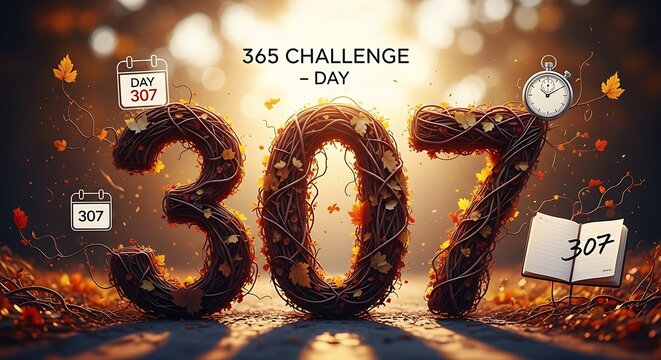 Day 307 challenge concept with number made of branches and leaves