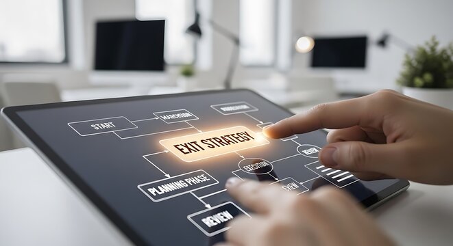 Business owner planning exit strategy on digital tablet in modern office.