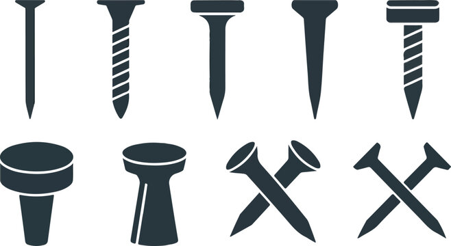 Various nail types and sizes on transparent background industrial fastener.