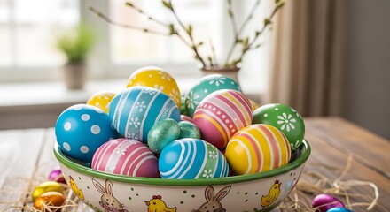 Fototapeta premium Decorated easter eggs in a bowl with greenery on a wooden surface
