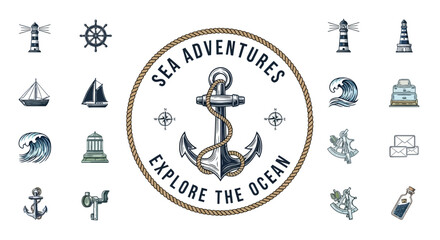 Nautical Emblem with Anchor, Compass, Lighthouse, Ship, Wave Icons © Tisa