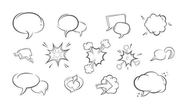 Collection of hand drawn comic book speech bubbles and sound effects