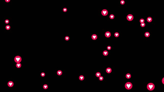 Red heart fountain fly up animation on black background. Live streaming in love happy reaction video footage template. Love emoji flying loop. Colorful love emoji particles floating upwards motion.