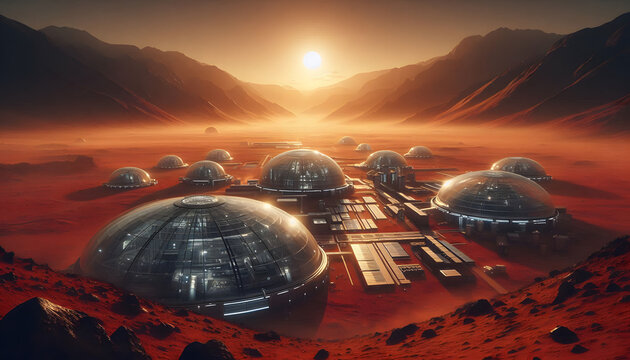 Photorealistic cinematic view of a futuristic human colony base on the surface of Mars, space exploration concept