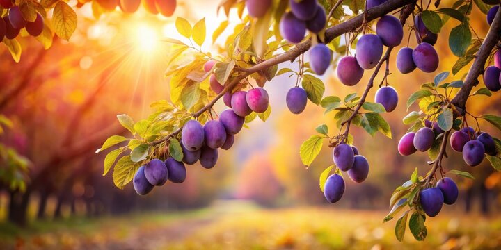Autumnal Orchard Ripe Plums Glistening in the Golden Sunlight on a Branch