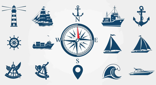 Nautical Icons Set: Compass, Ships, Lighthouse, Anchor, Waves, Steering Wheel, Location Pin