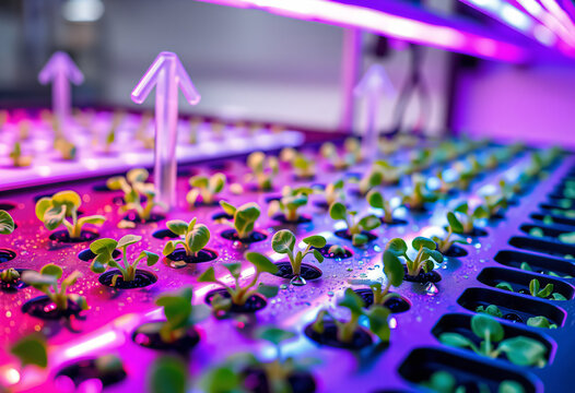 Hydroponic vertical farm tray with purple LED growth lights and sprouts.