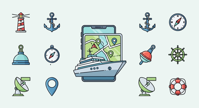 Nautical Icons Set: Yacht, Lighthouse, Anchor, Compass, GPS, Map, Buoy