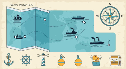 Naklejka premium Nautical Map Adventure: Ships, Compass, Anchor, Lighthouse, Treasure Chest Icons