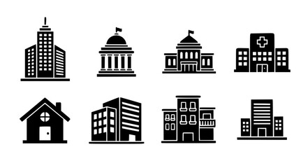 Fototapeta premium Building glyph solid icon vector set skyscraper hospital house EPS10 isolated on white