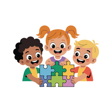 A group of smiling children and their family enjoy a fun childhood moment together, playing with colorful puzzle pieces in a creative vector illustration designA group of smiling childre