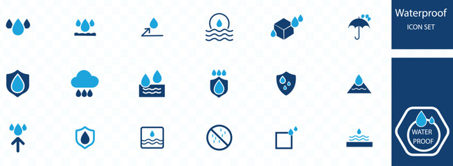 A collection of waterproof icons depicts various water droplet symbols rain shields and weather protection concepts in blue high quality professional detailed modern