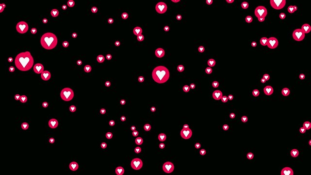 Red heart fountain fly up animation on black background. Live streaming in love happy reaction video footage template. Love emoji flying loop. Colorful love emoji particles floating upwards motion.