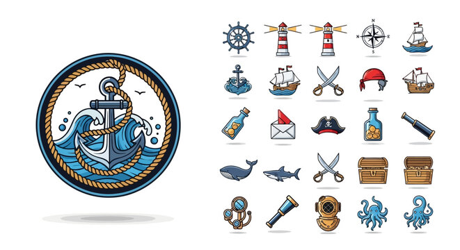 Nautical Pixel Art Icons: Anchor, Ship, Lighthouse, Compass, Pirates