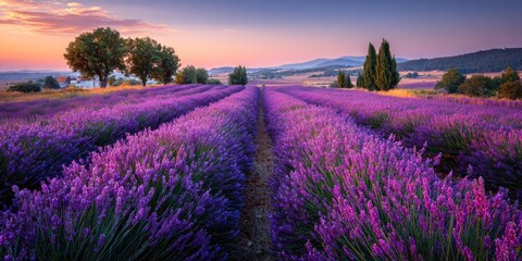 Obraz premium Rows of vibrant purple lavender stretch to a soft pink and blue sunset