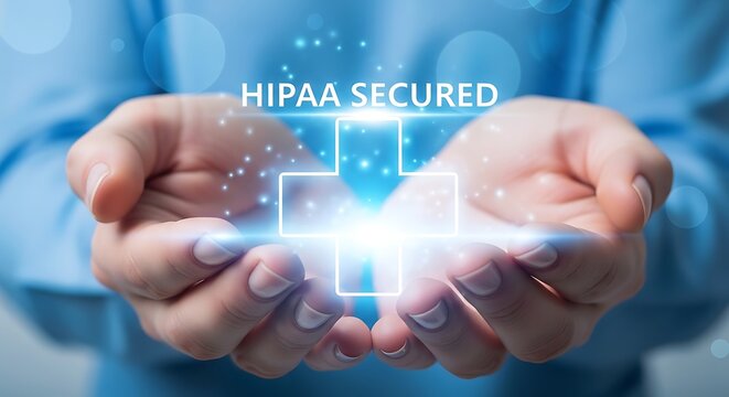 Hands cradling a glowing digital medical cross with 'HIPAA SECURED' text, symbolizing advanced healthcare data protection and privacy technology.