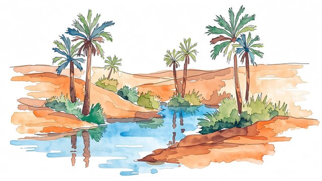 ヤシの木と水辺のオアシス風景 水彩タッチの砂漠イラスト背景