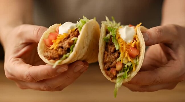 Close up of Two delicious looking tacos being held by human hands