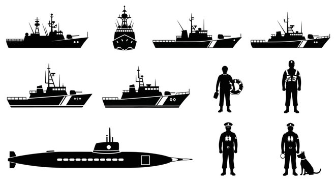 Naval Fleet and Personnel Silhouettes - Coast Guard, Navy, Military
