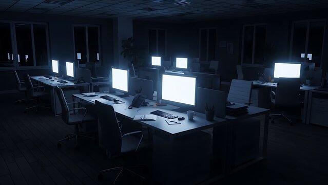 Office with rows of computer monitors glowing with light, suggesting late-night work or an abandoned workspace.