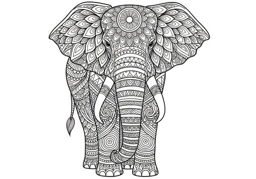 Intricate decorative elephant illustration with detailed ornamental patterns and tribal motifs against a white background