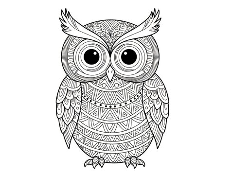 Intricate zentangle patterned owl illustration with large round eyes isolated on white