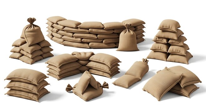 High-quality 3D render showcasing multiple sandbag formations including stacked piles and protective barriers, isolated on a white background for versatile use.