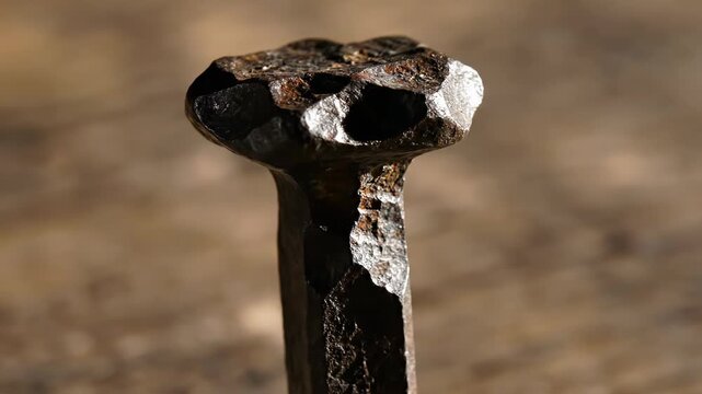 closeup of a rusty, textured, antique nail head, showing pitted surface and rough edges with shallow depth of field