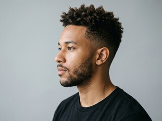 Obraz premium Young man with stylish afro fade haircut and beard, looking thoughtfully to the side against a soft gray background