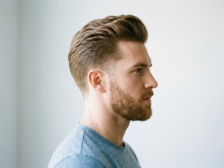 Fototapeta premium Profile of a Modern Man with Stylish Pompadour Hairstyle and Beard