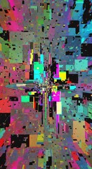 Vibrant, fragmented digital artwork showing extreme distortion and error. An abstract background of noise and broken geometric shapes, noise, vector, futuristic