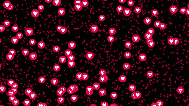 Red heart fountain fly up animation on black background. Live streaming in love happy reaction video footage template. Love emoji flying loop. Colorful love emoji particles floating upwards motion.