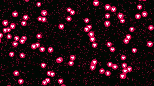 Red heart fountain fly up animation on black background. Live streaming in love happy reaction video footage template. Love emoji flying loop. Colorful love emoji particles floating upwards motion.