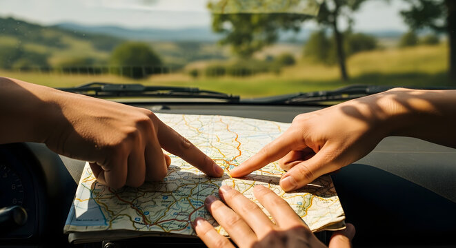 Close-up of two people's hands pointing at a detailed paper map inside a car, carefully planning their scenic road trip adventure through a picturesque countryside landscape on a bright day