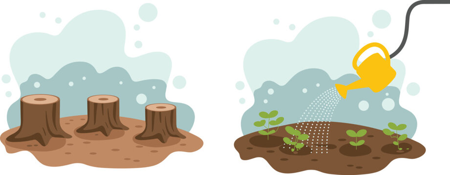 Cartoon environmental regeneration in vector illustration of deforestation stumps and reforestation plants with watering design