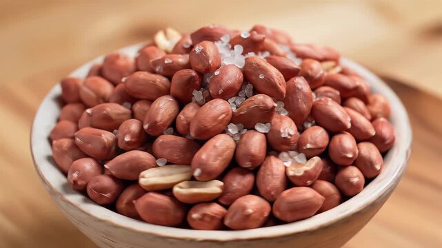 Closeup of a bowl filled with salted peanuts on a wooden surface.