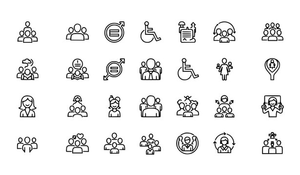 Diversity line icon set with monochrome inclusion equality and community symbols editable stroke vector