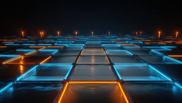 Geometric grid with glowing neon lines in blue and orange