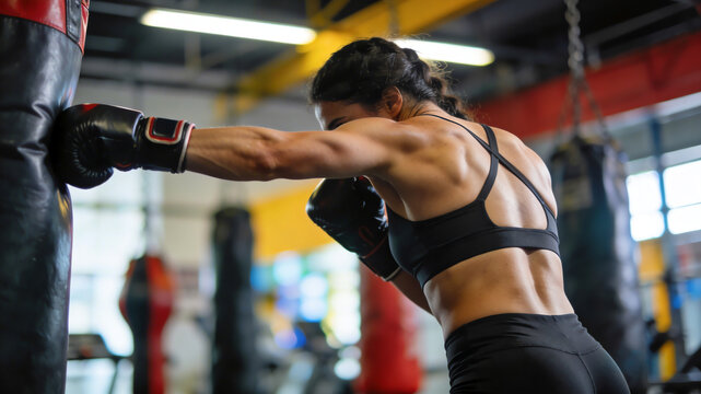 Muscular woman in sports bra training with heavy bag in gym. Back view of female boxer punching bag, showing muscle definition and strength.