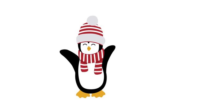 Christmas Animation. Happy Penguin is Dancing. Enjoy Winter Holidays. Funny Baby Penguin in Red Hat, Scarf. Loop Video in Red, White, Black, Yellow on White
