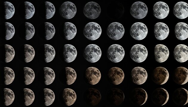 Lunar phases captured across rows in a dark, nocturnal sky showcasing its different stages in cyclical progression