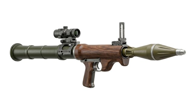 Modern RPG-7 Style Rocket Propelled Grenade Launcher with Hardwood and FDE Finish, Red Dot Optic, and Standard Round, Isolated on White