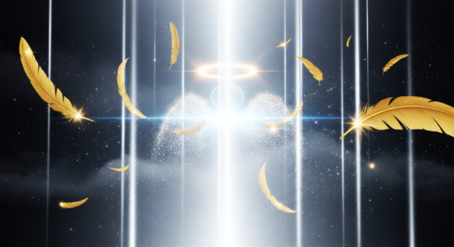 黄金の羽と神聖な光が舞う幻想的なスピリチュアル背景