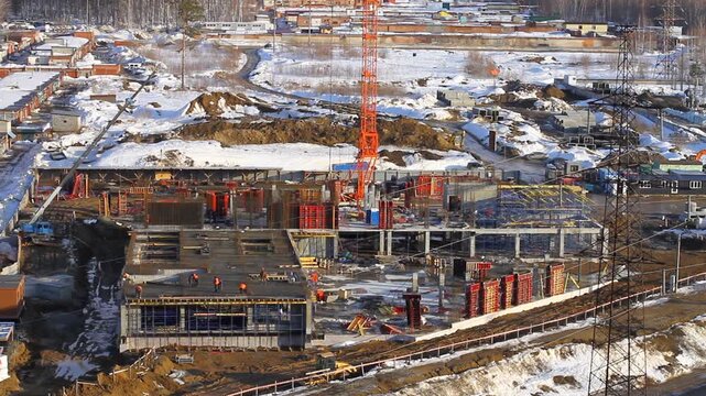 The first stage of building construction. Tying the reinforcement. Preparing for pouring concrete for the supports and walls. General view from above.	