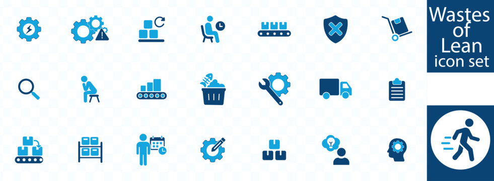 This image displays a collection of blue icons representing the eight wastes of lean manufacturing focusing on process inefficiencies high quality professional detailed