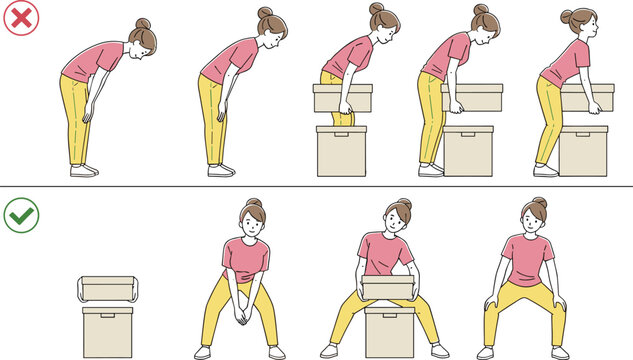 Vector Illustration of Proper and Improper Lifting Techniques with a Person Lifting Boxes Demonstrating Safe Practices