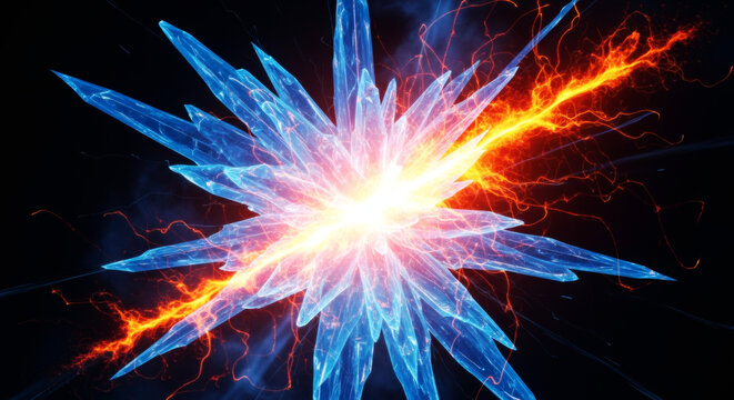 氷と炎の衝突、宇宙で炸裂する結晶とエネルギーの抽象背景